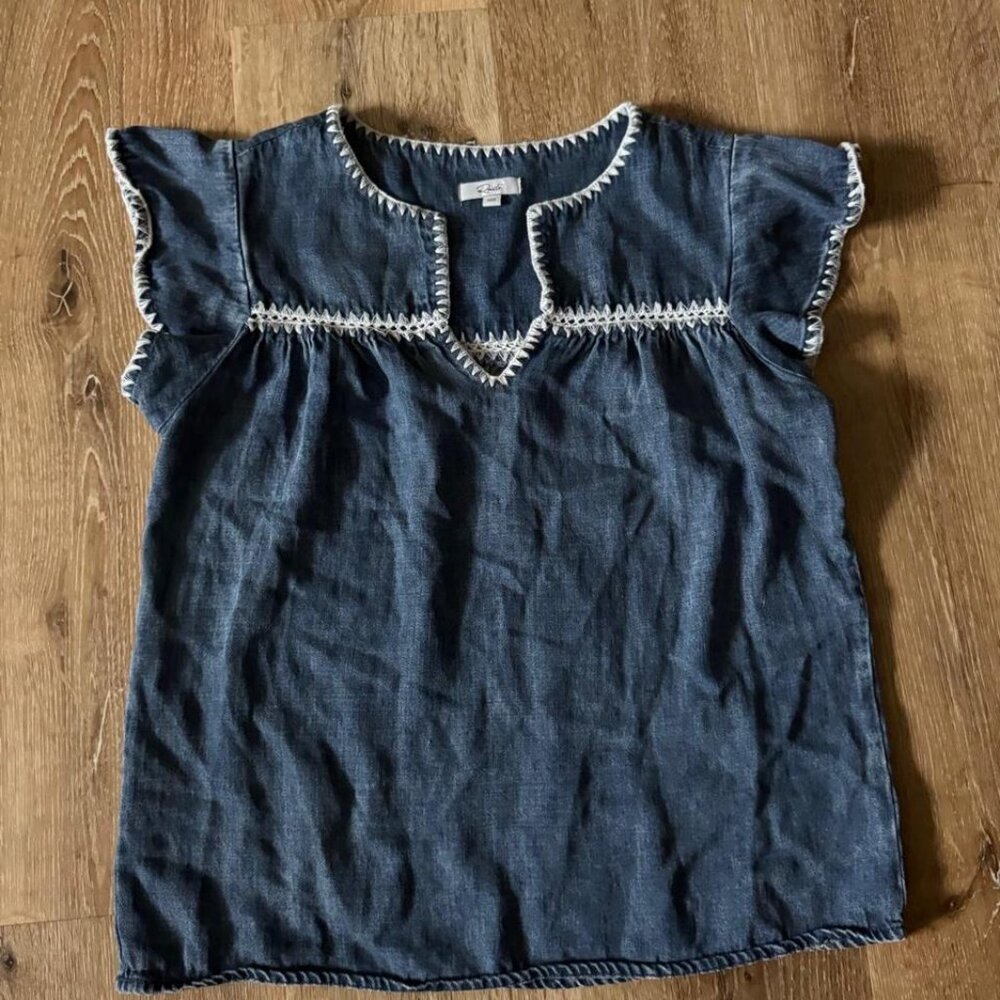Rails Tafia Embroidered Blouse Denim Blue and White crochet ruffle sleeves sleev